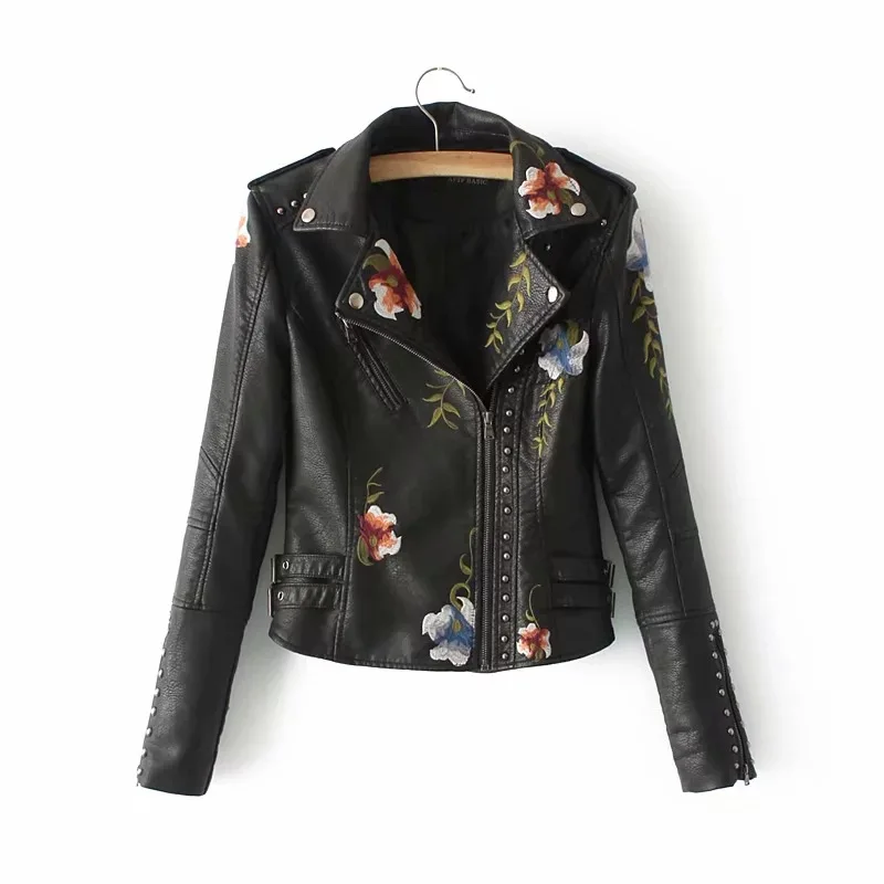 Women PU Faux Leather Outerwear Jackets New Autumn Winter Lady Slim Fit Floral Embroidery Zippers Black Motorcycle Coat