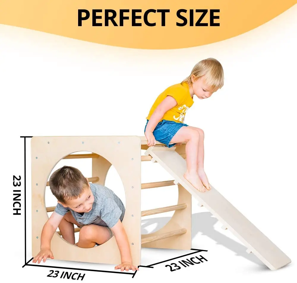 Natural Wood Montessori Ladder Climber Cube with Ramp Piklers Triangle Climbing Frame Indoor Playground