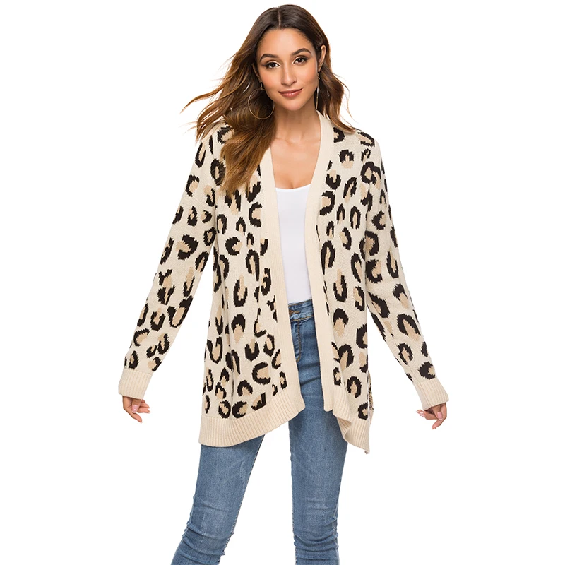 
Factory Customize V-Neck Long Sleeve Cotton Leopard Fashion Loose Spring Autumn Fall Embroidery Knit Sweater Cardigan For Women 