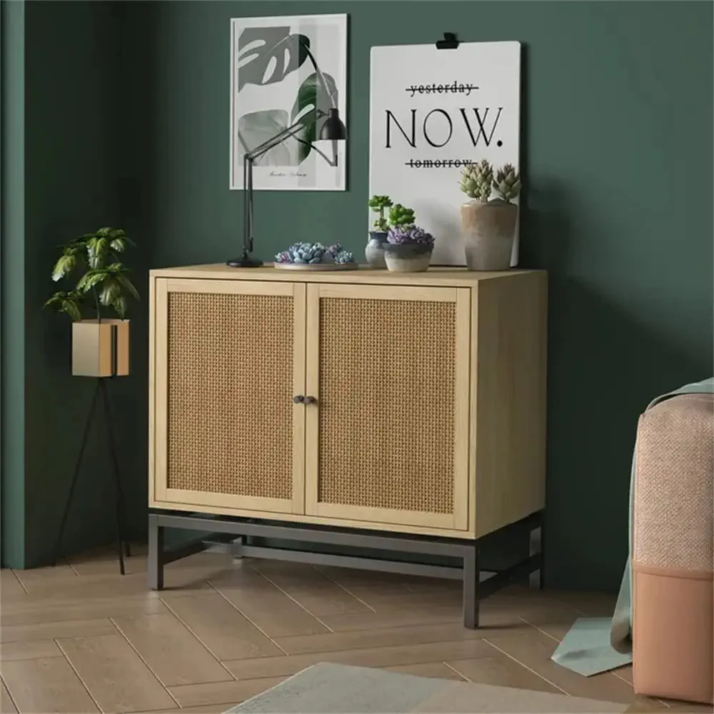 Modern Natural Rattan Spacious Storage Cabinet Living Room Furniture Cabinet Rattan Kitchen Sideboard With Storage Shelves