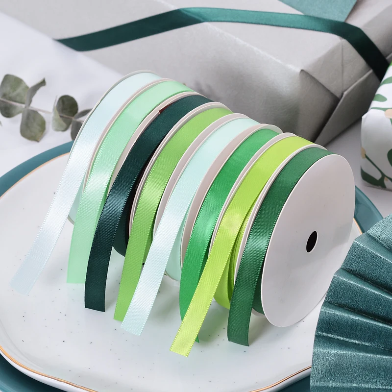 Ribest 9mm 100Y/R Green Double Face Satin Ribbon For Birthday Gift Boxes Packaging Wedding Flower Decoration Wholesale