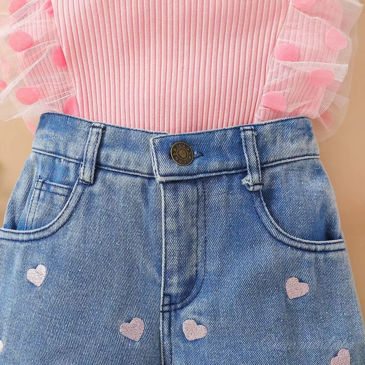Hot sale Infant Baby Summer Dot Mesh Denim Floral Shorts Sets Clothes