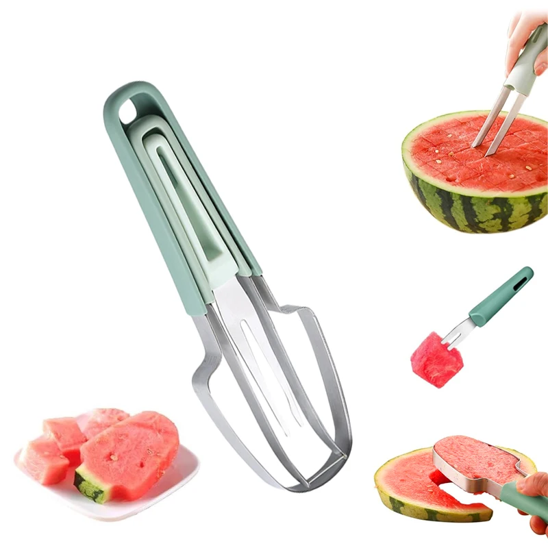 Rayshine 3-In-1 Stainless Steel Portability Watermelon Fruit Fork Slicer Cutter Watermelon Cutter For Camping Kitchen Gadgets