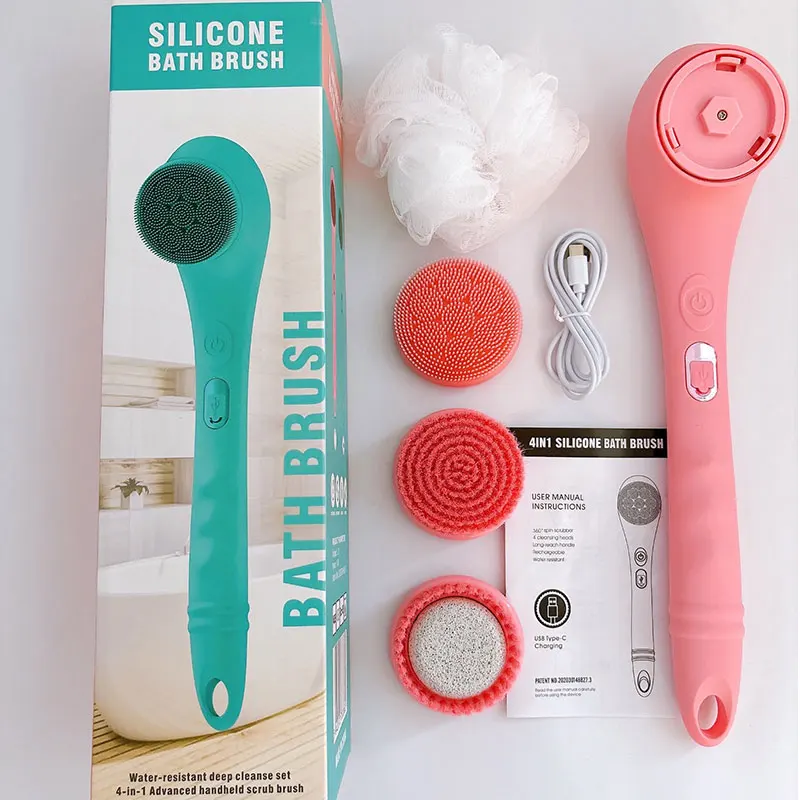 Waterproof Spin Washing Body Brush 4 Function Silicone Back Scrubber Electric Shower Body Massage Brush