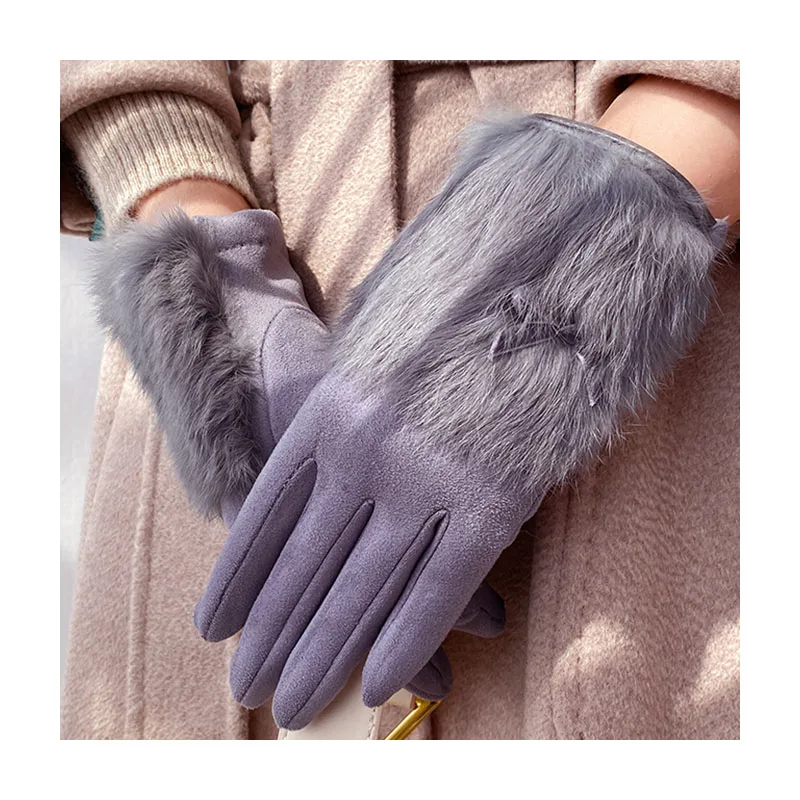 Женские теплые вязаные зимние рукавицы из замши и кроличьего меха