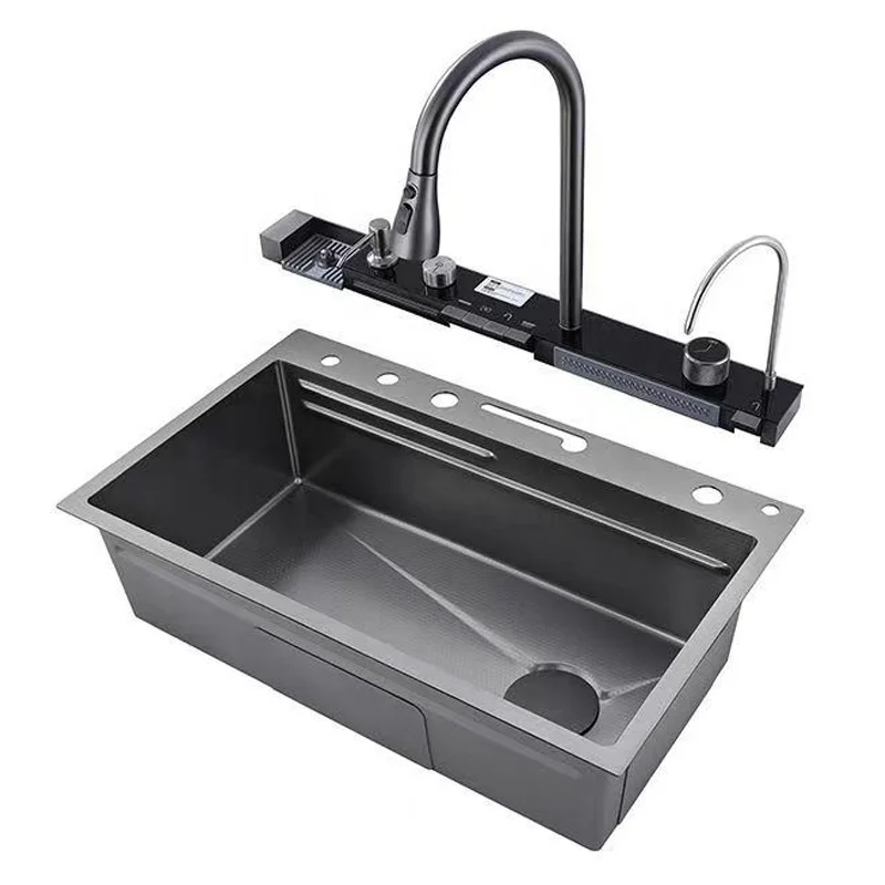 luxury smart kitchen sinks stainless steel multifunction sink modern waterfall single bowl undermount Digital kitchen sink set