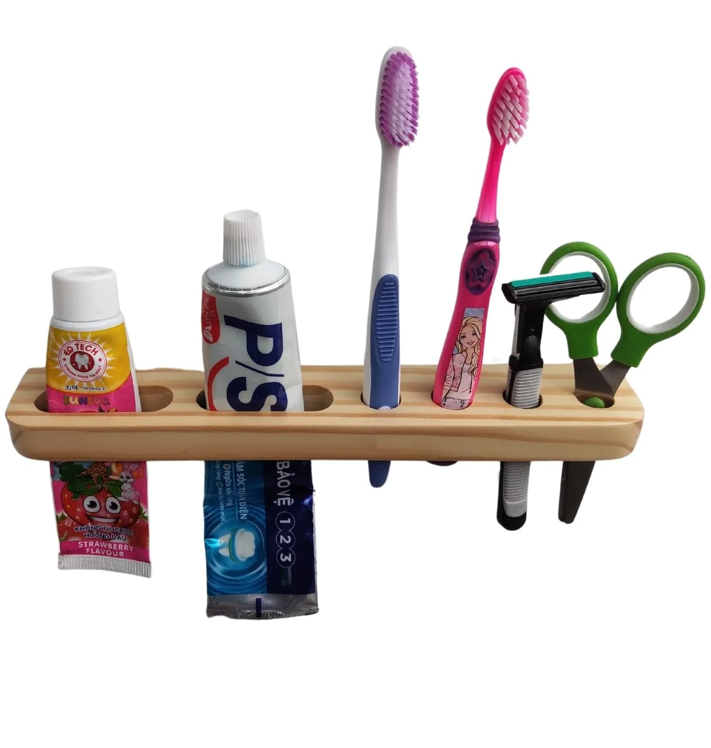 Toothbrush Holders for Bathrooms-Razor Holder for Shower-Wall Mounted-Adhesive Toothbrush Holder Bambo Wooden (6 Holes)