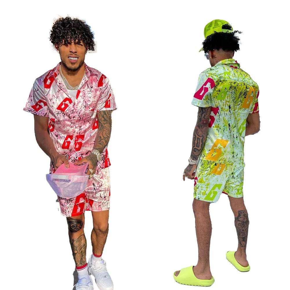 KY 2 Piece Short Set Satin Fabric Short Sleeve Button Up Shirt Men Digital Printing Men Suits High Quality