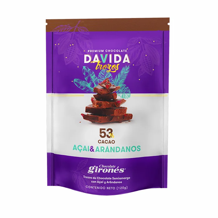 DAVIDA Wholesale Semisweet Chocolate Barks 53% Cocoa With Acai & Cranberries Colombian fruits 100% Premium Colombian Cocoa