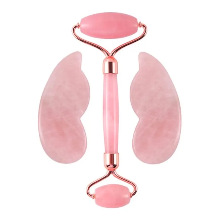 Rose Quartz Natural Jade Roller For Face Pink 3 in 1 set Body Double Slimming Massager Jade Roller Gua Sha Set