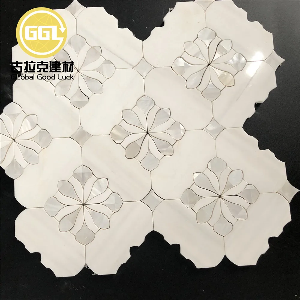 Interior Marble Mix Shell Mosaic Flower Pattern Design Waterjet Mosaic Tile for Kitchen and Bathroom Wall Decor
