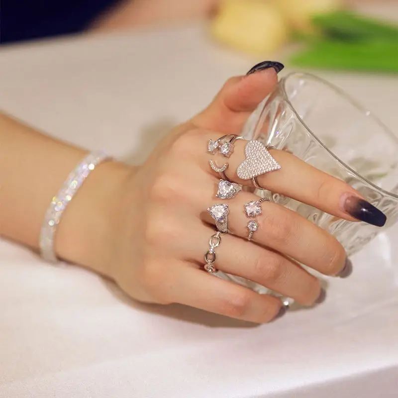 Dylam 2022 Instagram Hot Selling Stacking 925 Sterling Silver Jewelry Open Heart Star Simile Face 5A Zircon Adjustable Rings