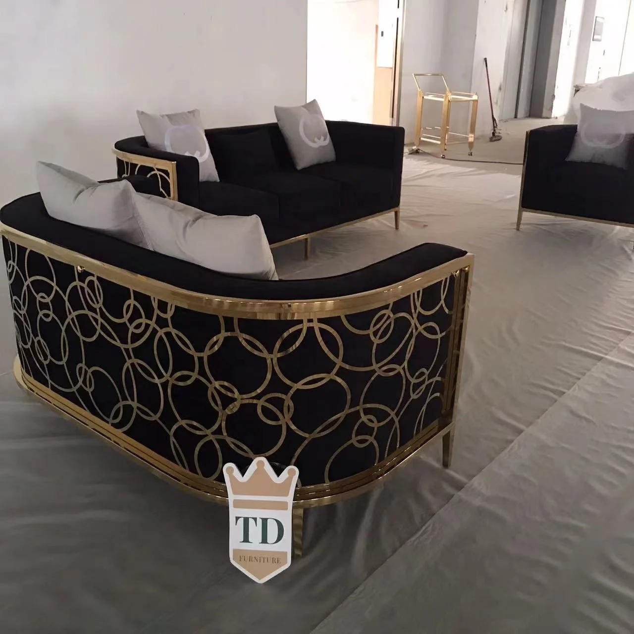 Luxury Shiny Gold Stainless Steel 123 Velvet Sofa Set Accent Chair Love Seat Lounge for Living Room Dining Office Furniture