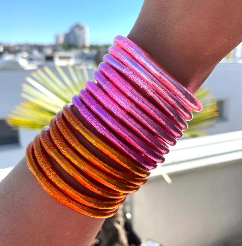 Kumlai Buddhist Temple Rush Bracelet with Hypoallergenic Rubber Mantra for Women in Pink and Orange