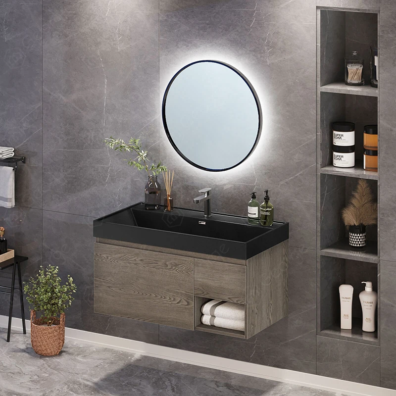 MDF/ PVC/ Plywood bathroom vanity cabinets with light mirror and slab basin sink for home