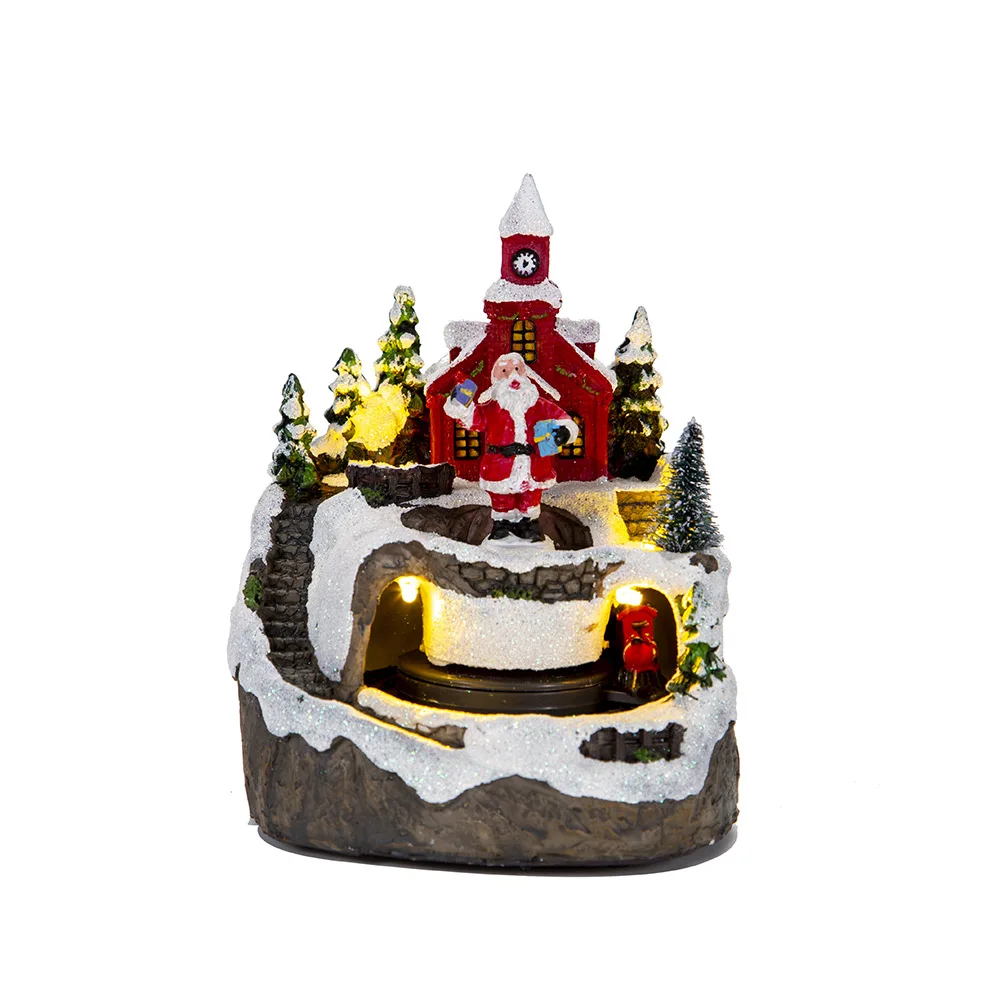 Xmas Navidad Resina Personalized Resin Christmas Ornaments Christmas Glowing Snow House Music Box With Rotating Train