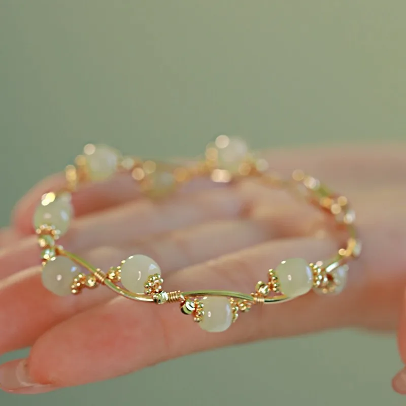 Ancient Green Agate Beads Charm Bracelet Chinese Jade Green Bamboo Pendant Women Woven Hand Jewelry Gold Gifts