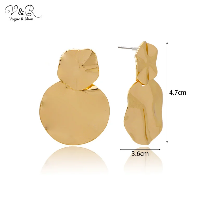 V&R Gold Plated Geometric Wave Hammered Textured Metal Plate Drop Dangle Earring for Women