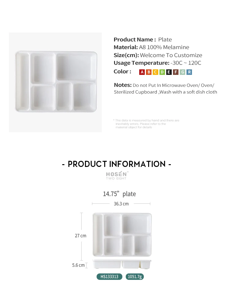 6 Compartment Divided Food Plate Melamine Plastic Hospital Deep Container Tray