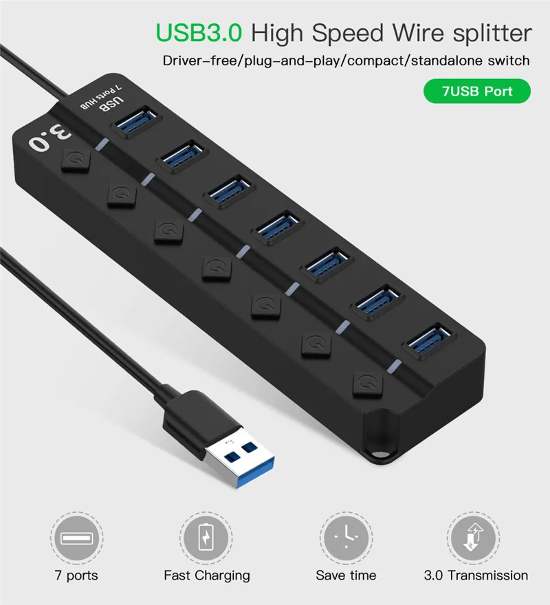 high speed Usb 3.0 Splitter Multiport Adapter 7 Ports Usb Hub With Power Adapter For Laptop Computer