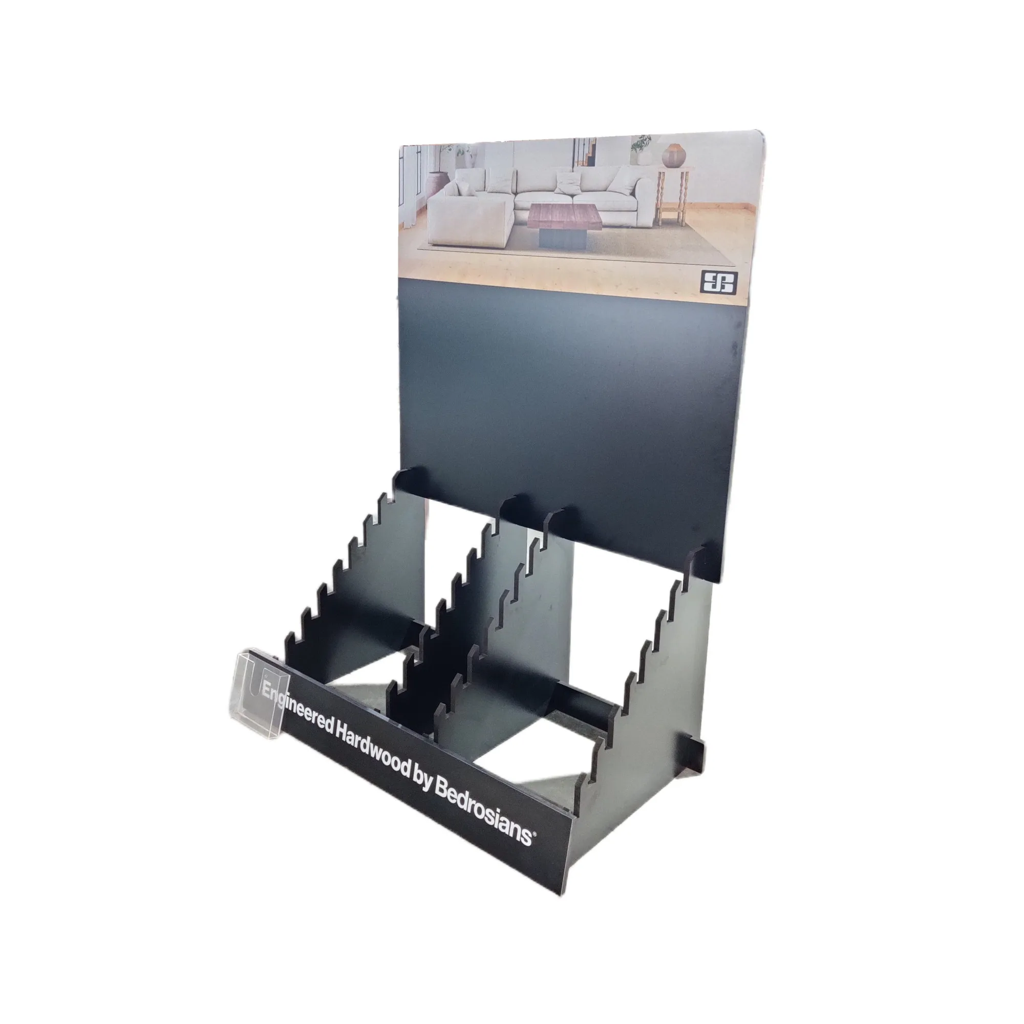 Provide Custom Design 1500 mm Wide Black Double-row Wood Floor Vinyl Sample Board Display Stand With Acrylic Brochure Holder