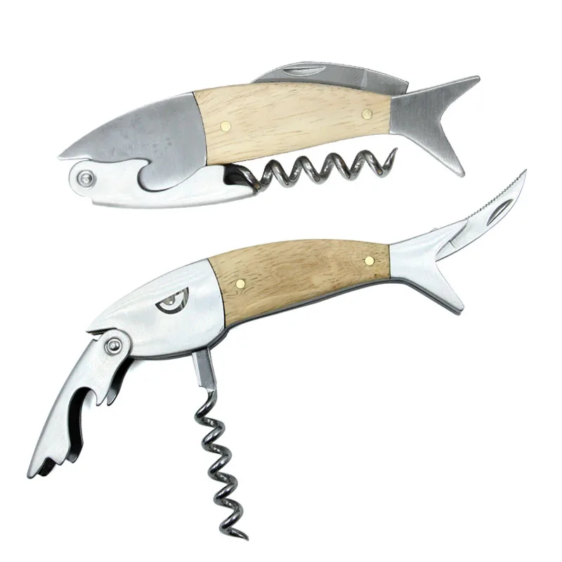 Selco Fish Shaped Wine Opener Wood Handle Professional Metal Openers Multi-function Portable Screw Corkscrew Wine Bottle Opener