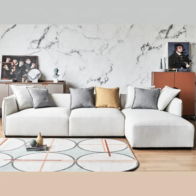 hot sale apartment living room furniture white linen fabric L shaped sofa set