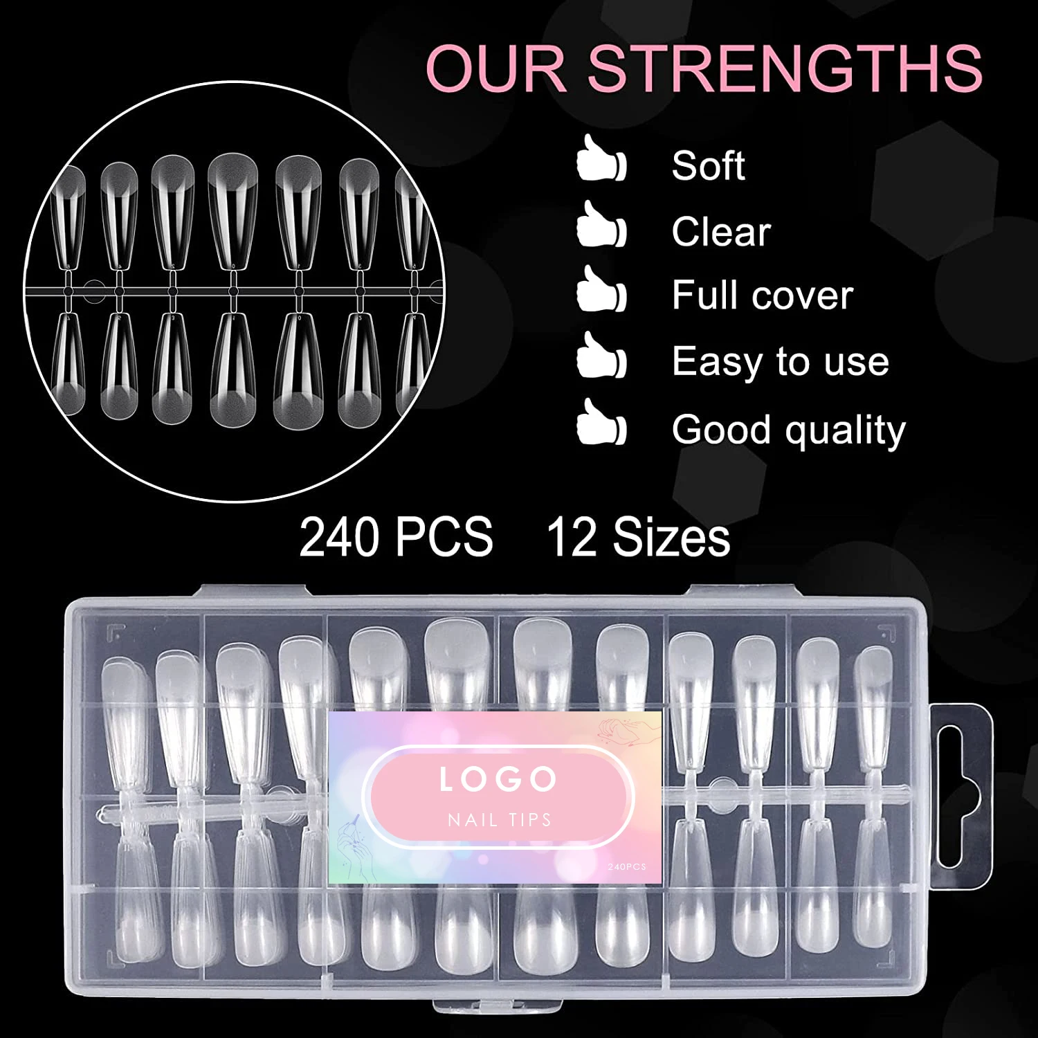 Wholesale good looking pre-numbered harmless 12 sizes 240 pcs clear soft nail gel tips