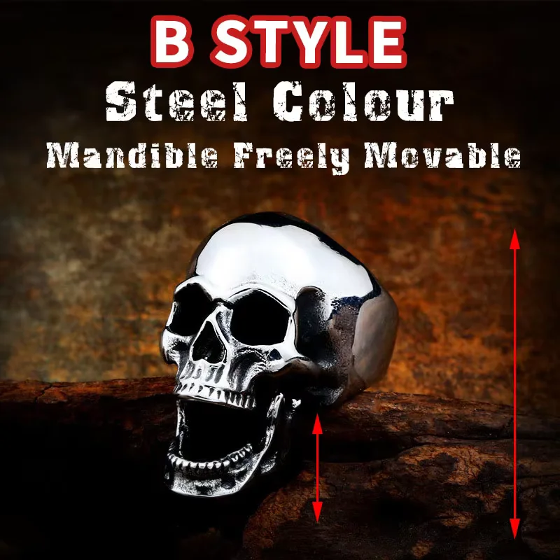 SS8-592R Stainless Steel New Design Skeleton Men Ring Wholesale Gothic Skull Jewelry Skull Moving Mouth Ring Punk Biker Jewelry