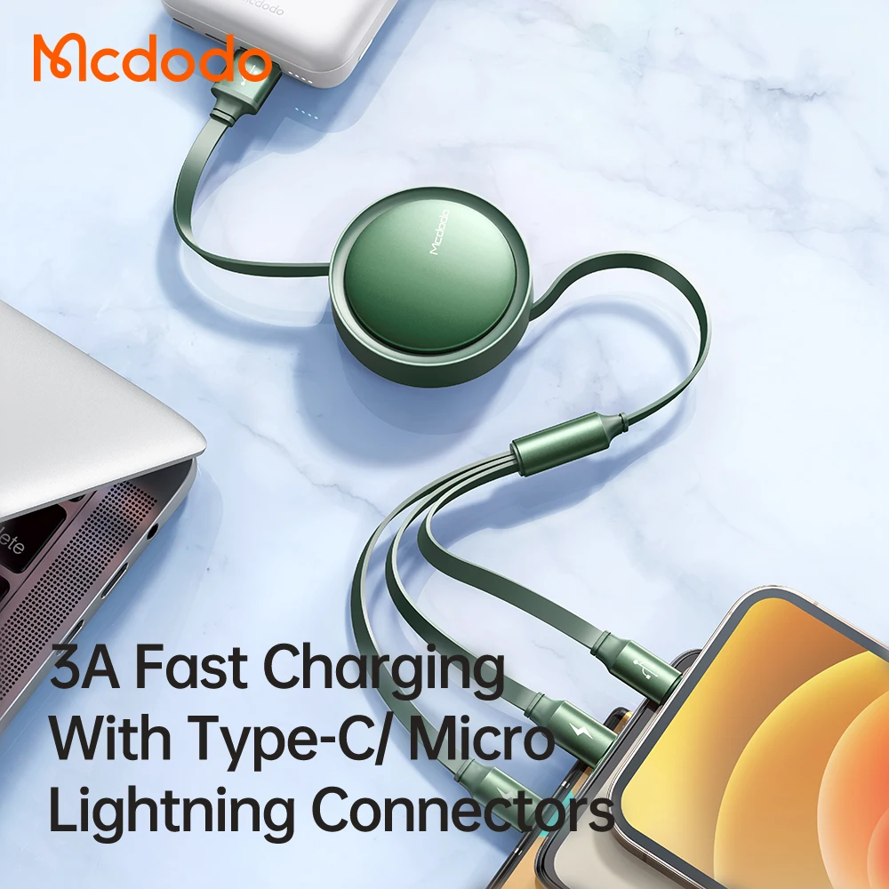 Mcdodo 3A Charging 3 in 1 Light-ning+Micro+Type C Data Cable, Multicharger Multi USB Retractable Charger Cable