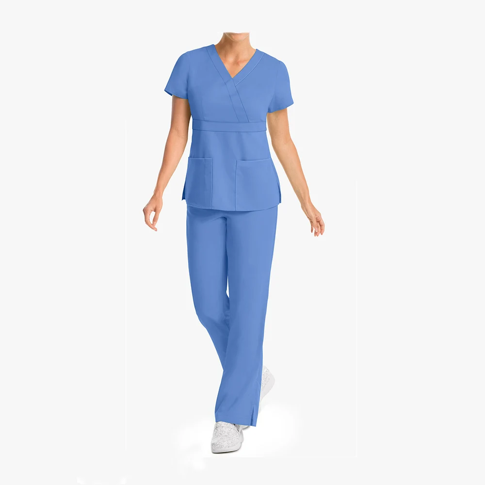 OEM Hospital women stylish 3 pocket modern fit mock wrap doctor and nursing scrubs set