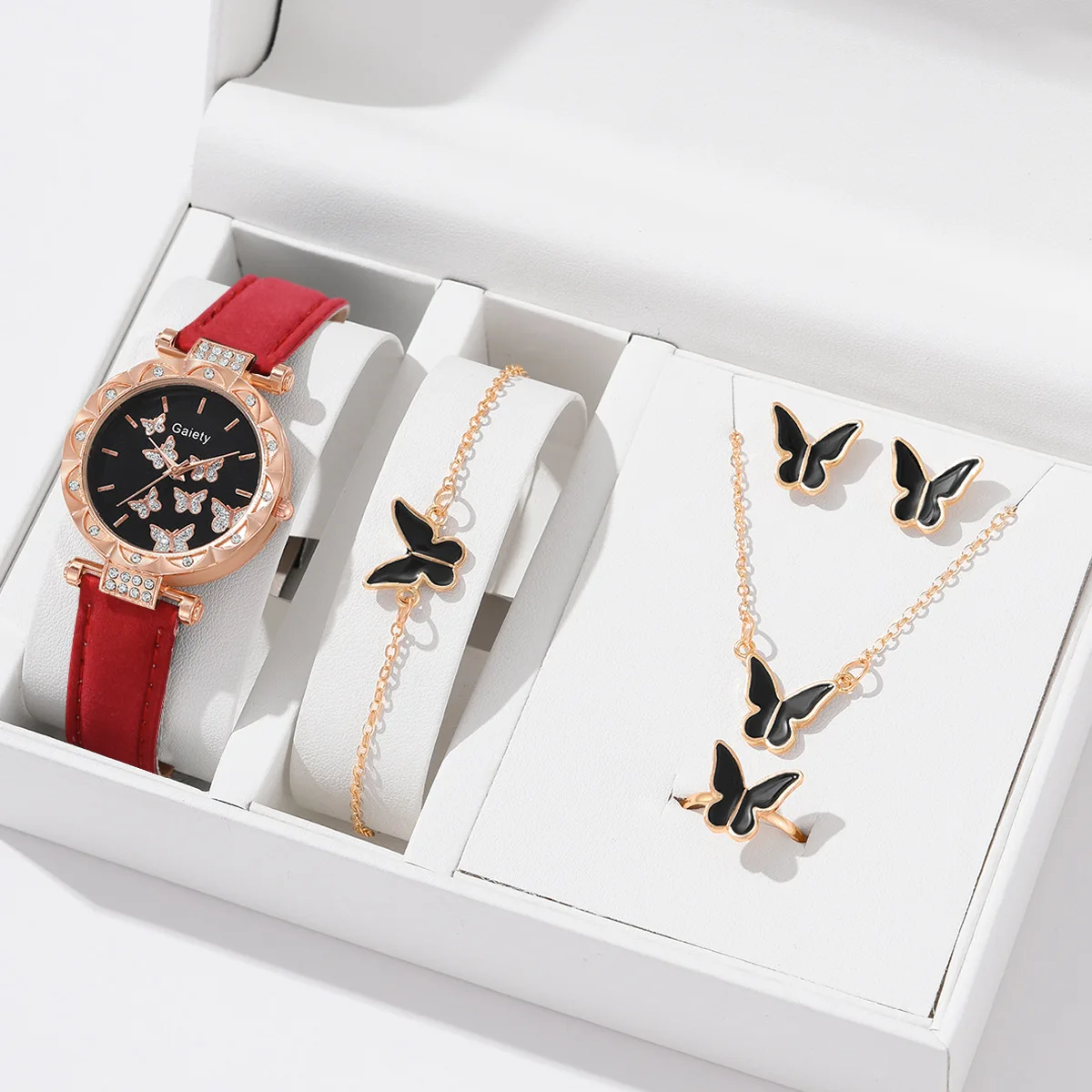 women watch set Luxury Watch Woman Ring Necklace Earrings Bracelet Set Women Watches Gift set Butterfly Leather wristwatches