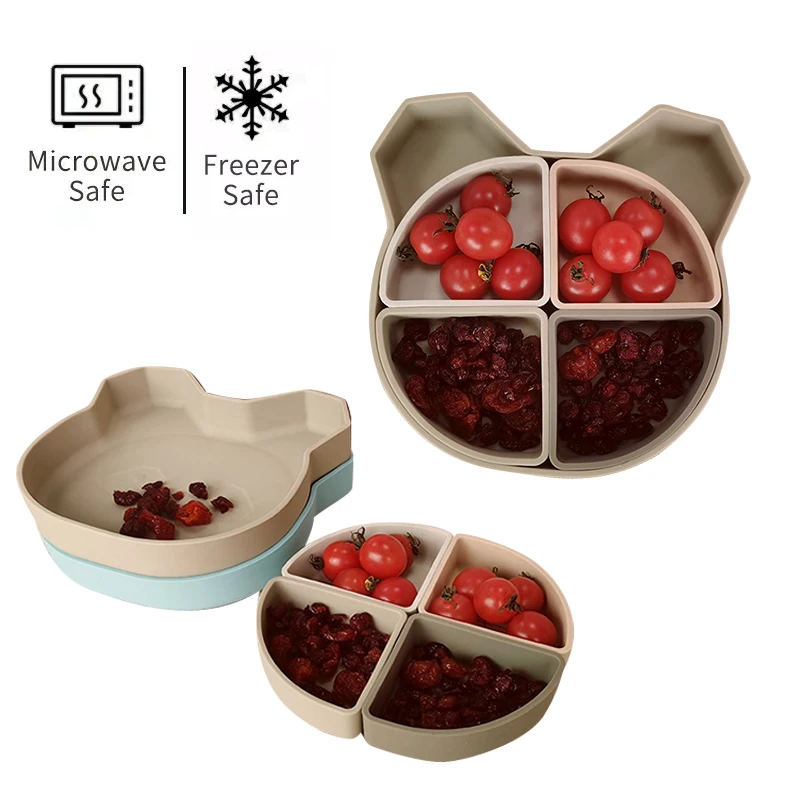 Bpa Free Rubber Assiette De Diner Snack Feeding Suction Plate Panda Shaped Divided Silicone Children Baby Plates