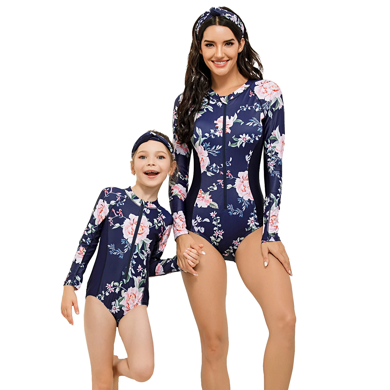 New Swimwear Parent-Child Swimsuit Print Floral One Piece Swimsuit Long Sleeve Bathing Suit Vintage Beach wear Surfing Swim Suit