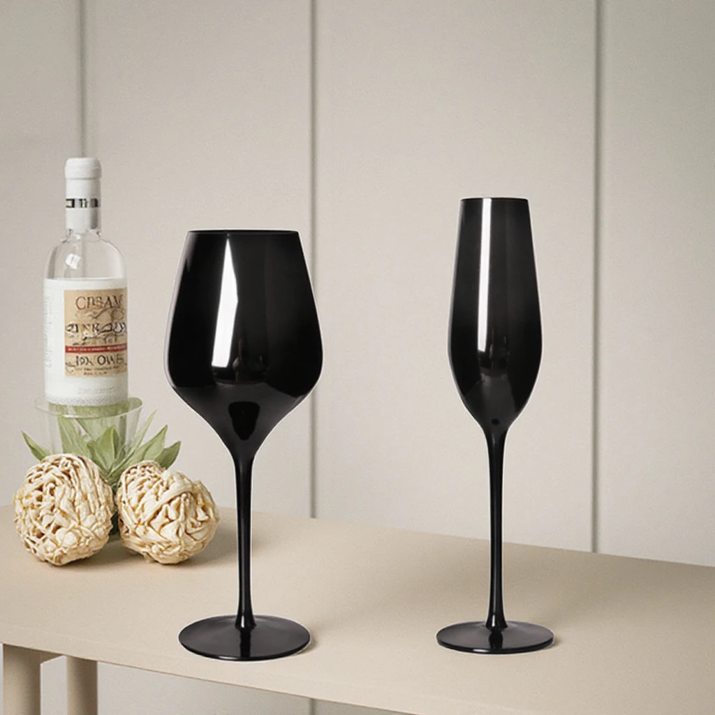 Luxury Custom Logo Champagne Flute Elegant Party Wedding Hand Blown Lead-Free Crystal Goblet Black Colored Stemmed Wine Glasses