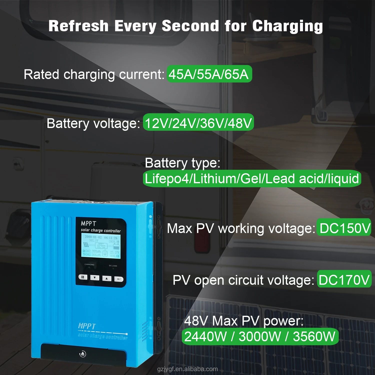 De WIFI Auto Off Grid 12v 24v 36v 48v 145v Pv Voltage 65 Amp 60a Mppt Solar System Charge Controller