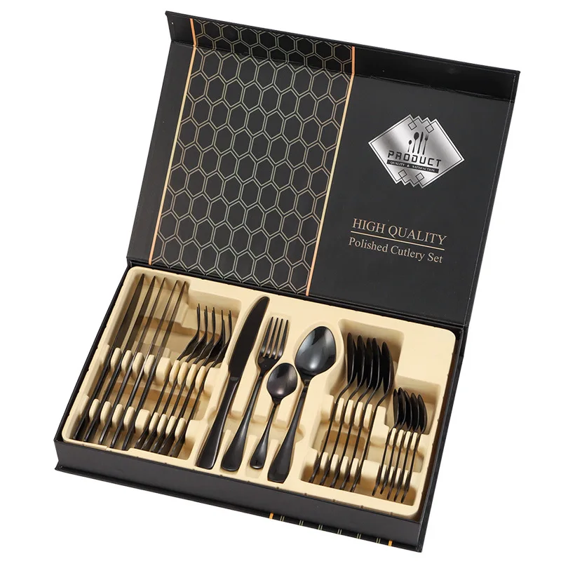 Custom Metal Gold Flatware Stainless Steel Reusable Cutlery 24pcs Set With Box