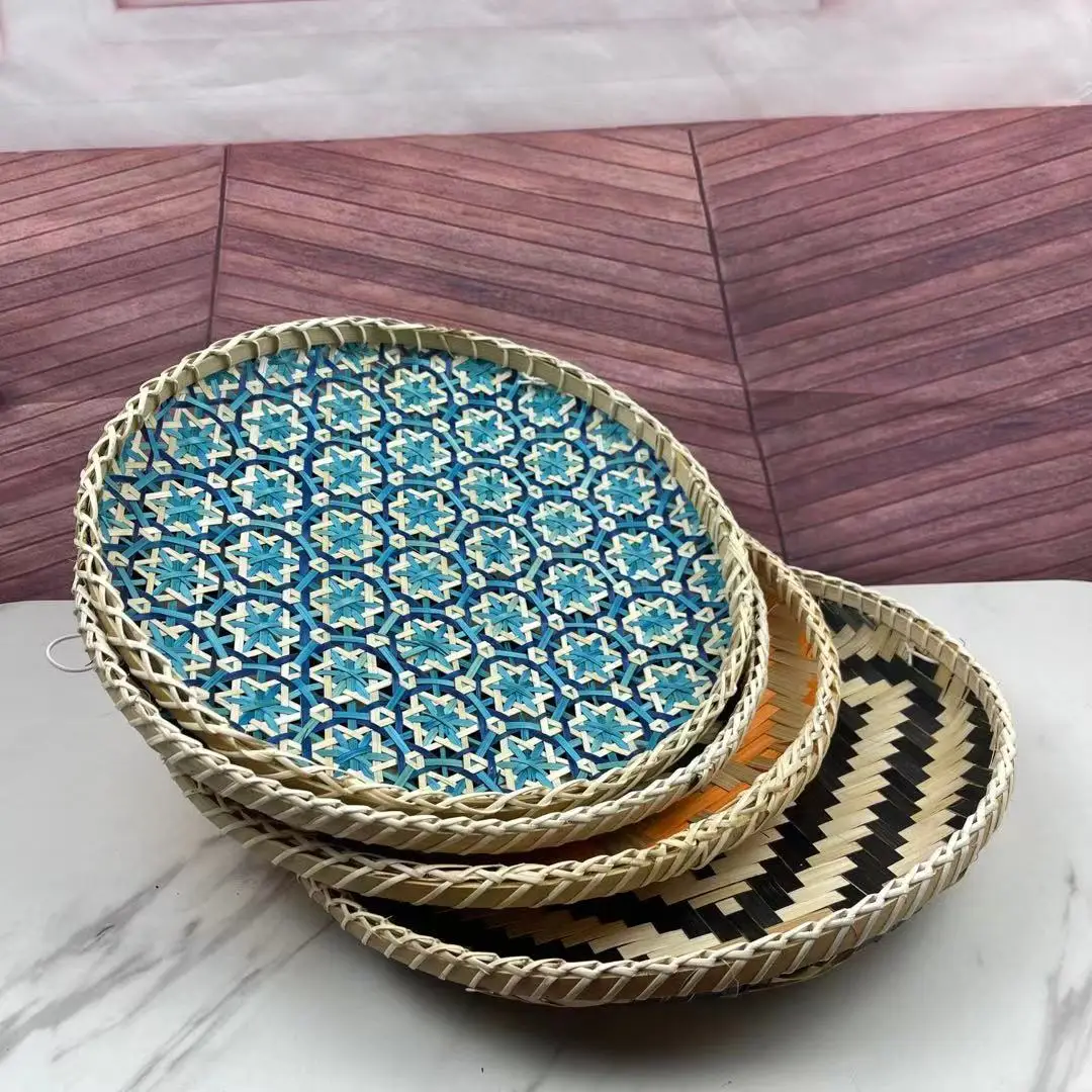 
 Круглый поднос из бамбуковой ткани, деревенский декоративный поднос, подходит для завтрака, напитков, закусок, журнального столика, уникальное количество  