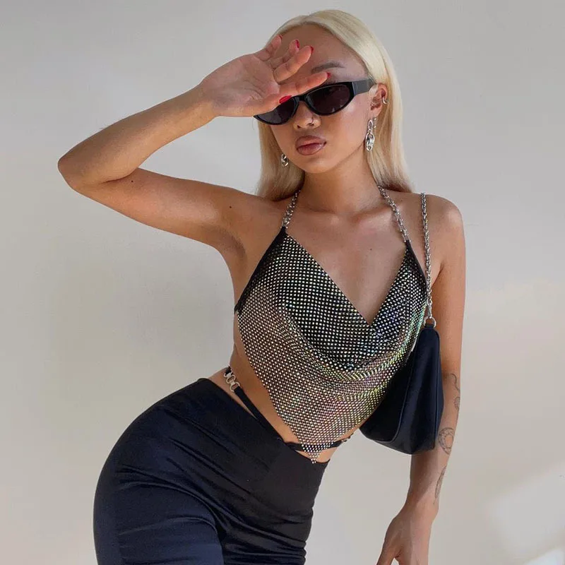 High Quality 2022 Summer Tops For Women Rhinestone Halter Custom Crop Top Backless Chain Sexy Tops