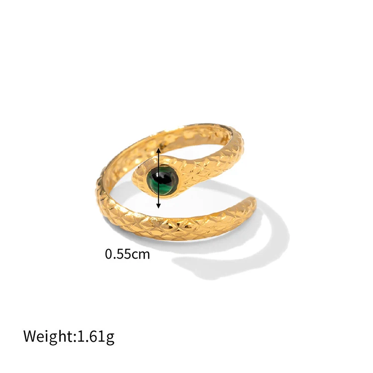 18k Gold Plated Snake Green Stone Cross Emerald Open Ring Stainless Steel Adjustable Rings