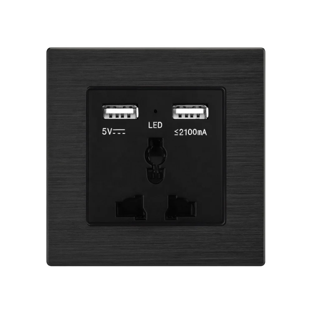 SRAN розетка с usb порт 2 зарядных порта usb 5V 2.1A со светодиодным индикатором Черный алюминиевый сплав панель 86 универсальный переключатель розетка