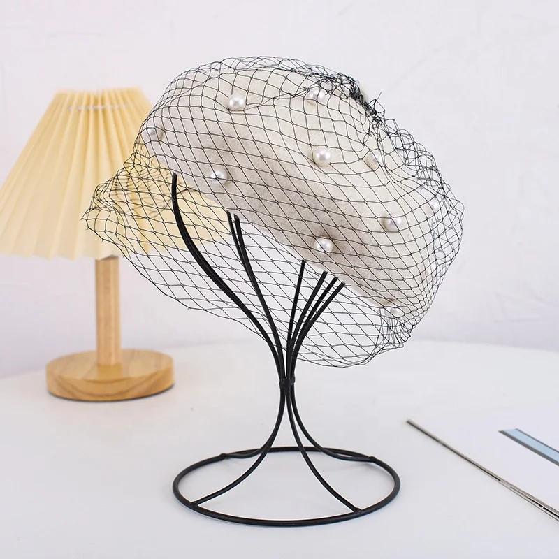 Wholesale fashion designer church girl brown 100% wool Gauze pearl school various colors french net beret hat cap