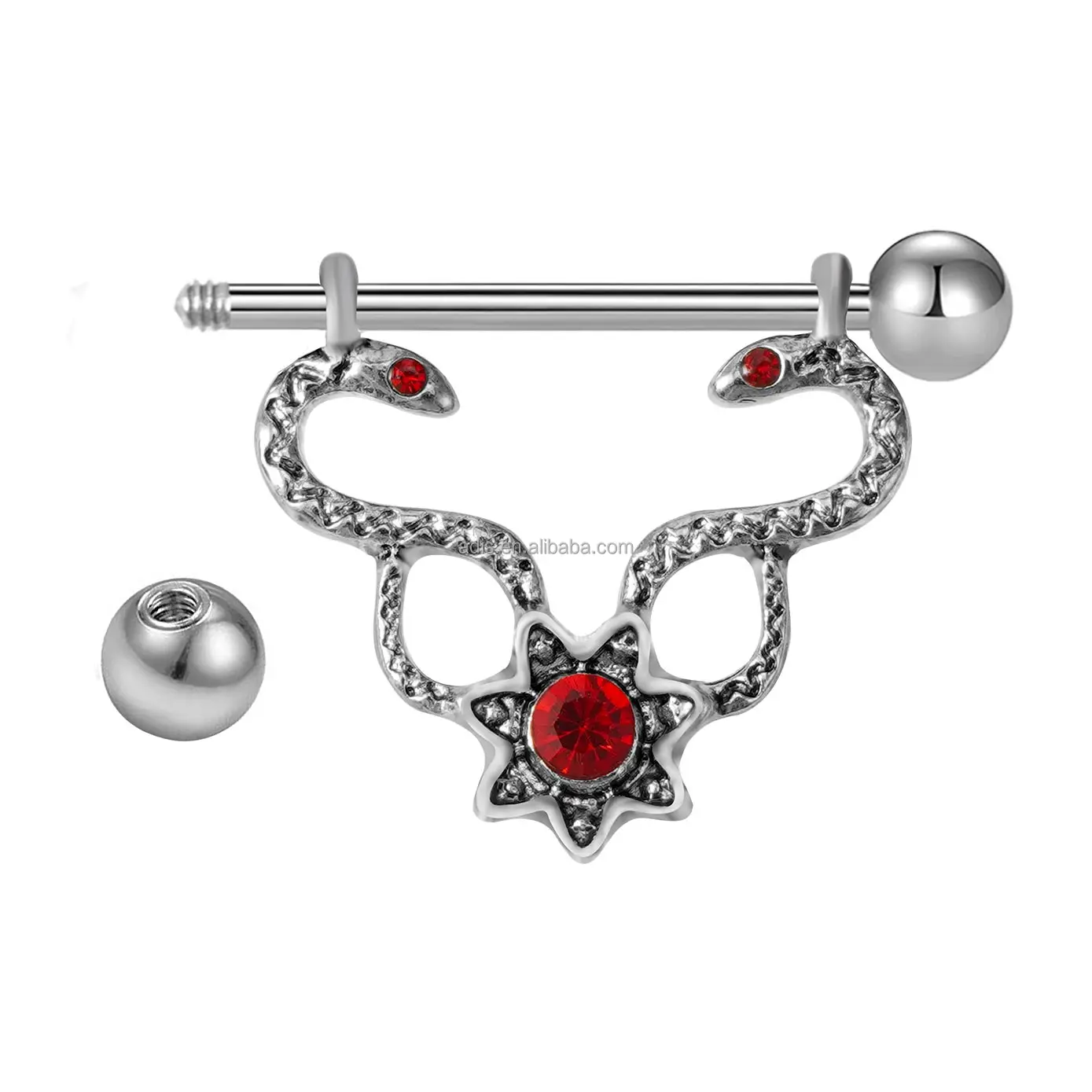 High Polished 14G Sexy Snake Design Nipple Barbell Red Eye Gem Nipple Piercing For Women Men