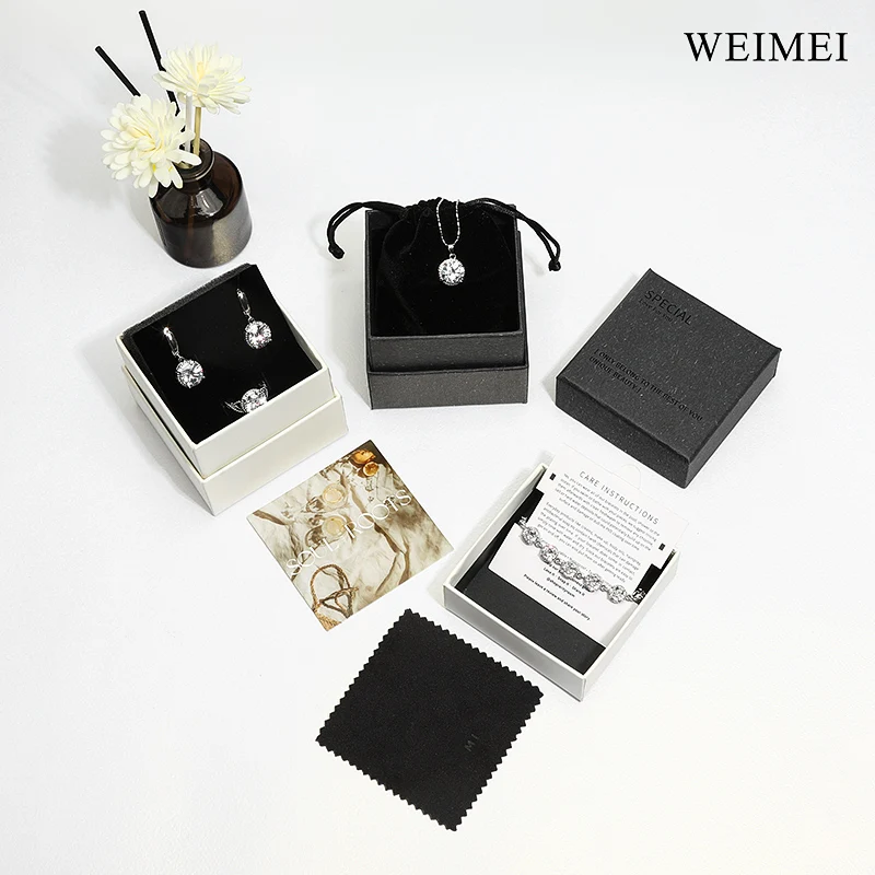 Weimei Oem Custom Logo Paper Jewelry Boxes Base And Lid Cardboard Gift Packaging Box with paper box Silver polishing cloth