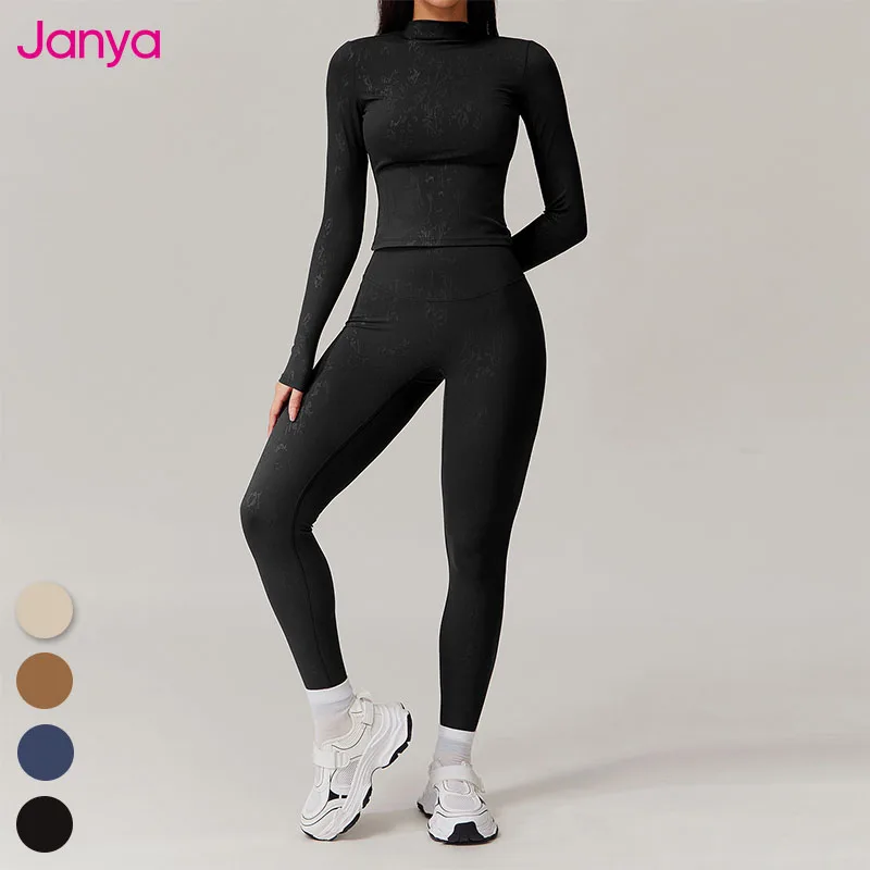 Janya Female Custom Logo Outdoor Sports Fitness Outfits High Neck Skinny Running Shirt + No Front Seam Active Yoga Leggings Set