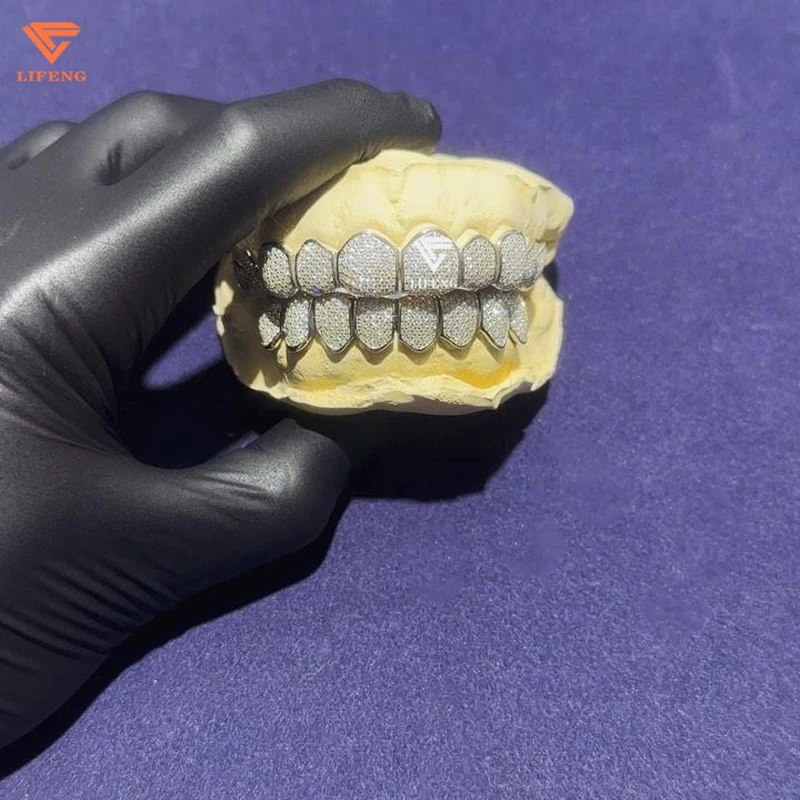 Custom HIphop Sterling Silver Teeth Grillz Honeycomb Setting VVS Moissanite Perm Cut Diamond Iced Bling Bling Jewelry