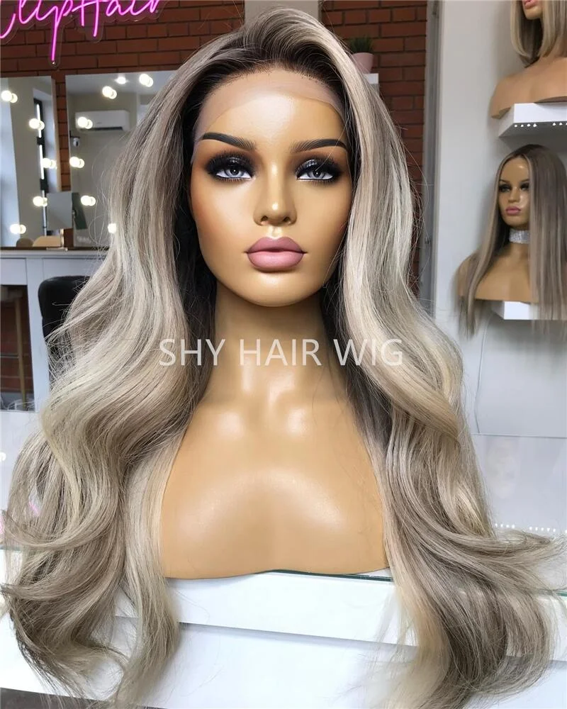 Peluca de pelo humano para mujeres silk base human hair wig hand tied blonde european ash blonde highlights with dark roots wigs