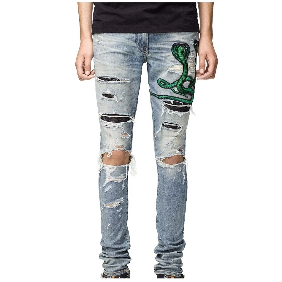 Factory customized 3D Distressed Stacks embroidered Snake Whiskers Denim Jeans For Men