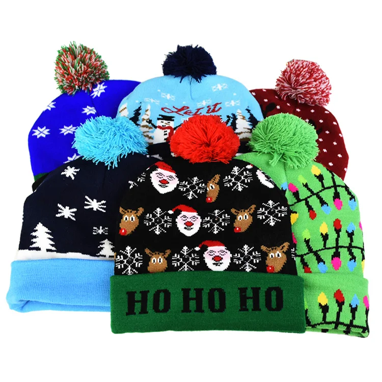2024 LED Christmas Hat Sweater Knitted Beanie Christmas Light Up Knitted Hat Christmas Gift for Kids Xmas