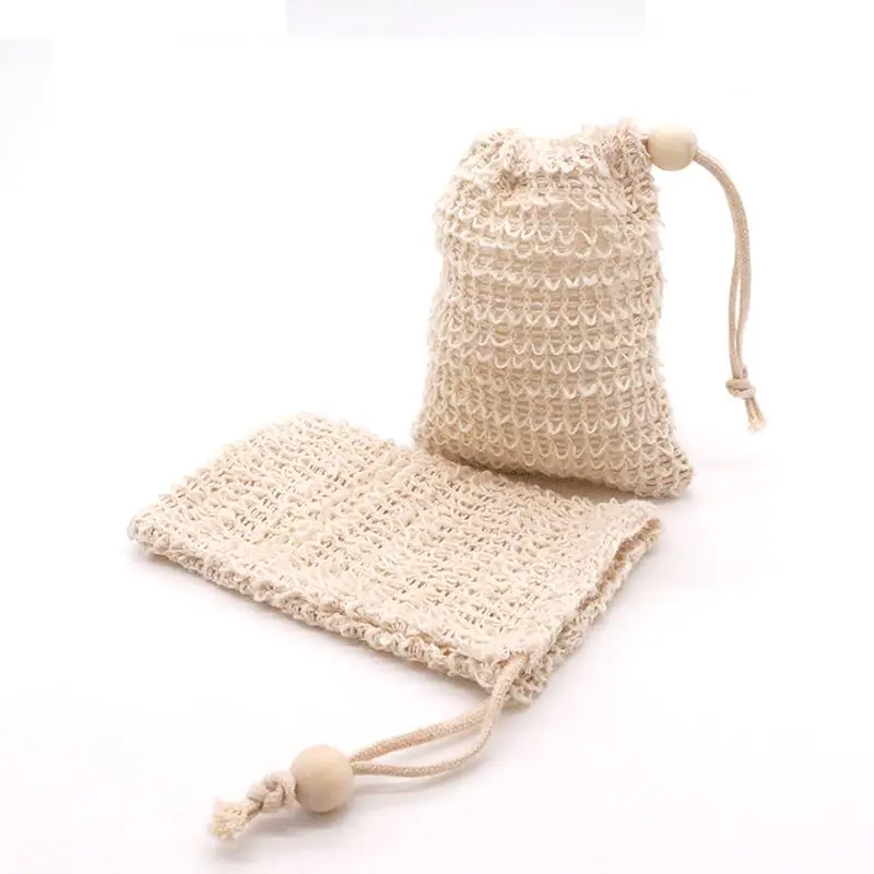 Custom Logo Eco-Friendly Natural Fiber Exfoliating Soap Pouch with Drawstring Sisal Soap Saver Bag for Scraps & Save Soaps